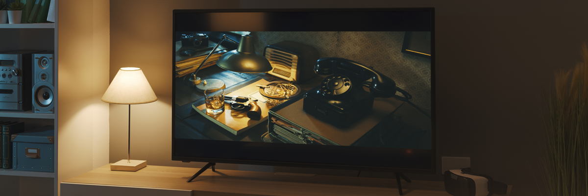 television displaying still life image in dim room