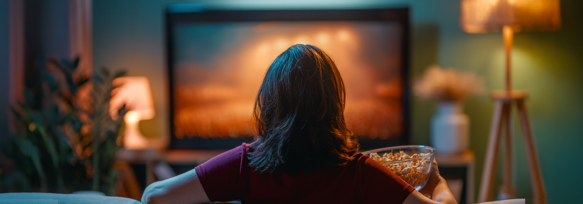 woman relaxing on sofa with popcorn watching tv