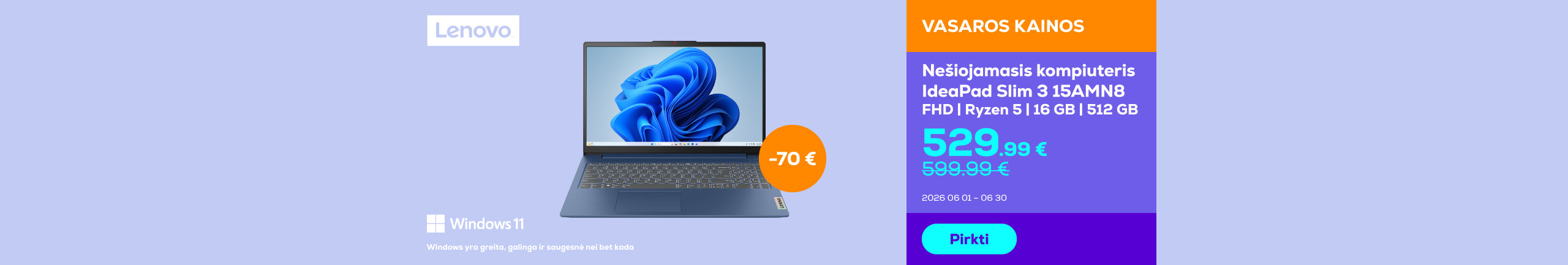 Nešiojamasis kompiuteris IdeaPad Slim 3 15AMN8 FHD | Ryzen 5 | 16 GB | 512 GB	
