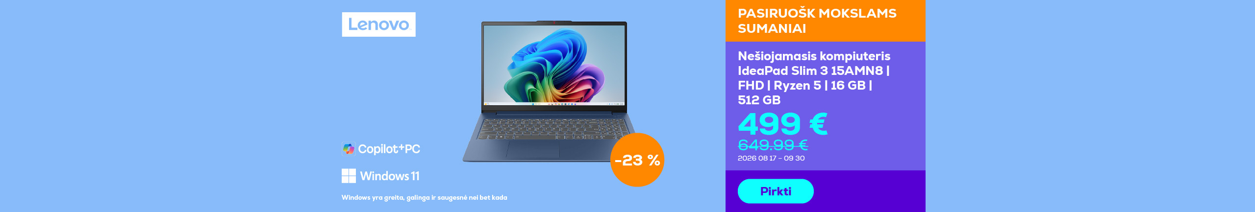 Nešiojamasis kompiuteris IdeaPad Slim 3 15AMN8 | FHD | Ryzen 5 | 16 GB | 512 GB	