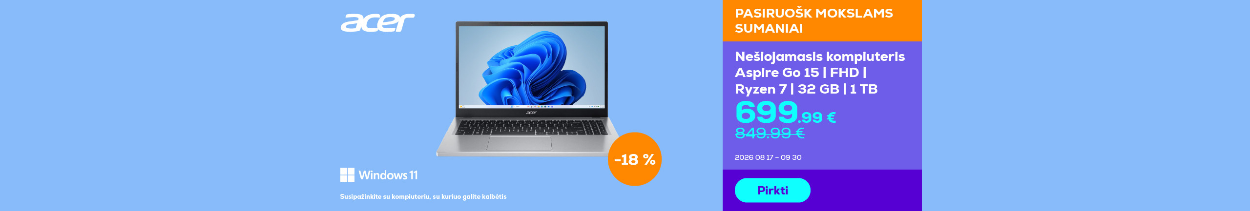 Nešiojamasis kompiuteris Aspire Go 15 | FHD | Ryzen 7 | 32 GB | 1 TB