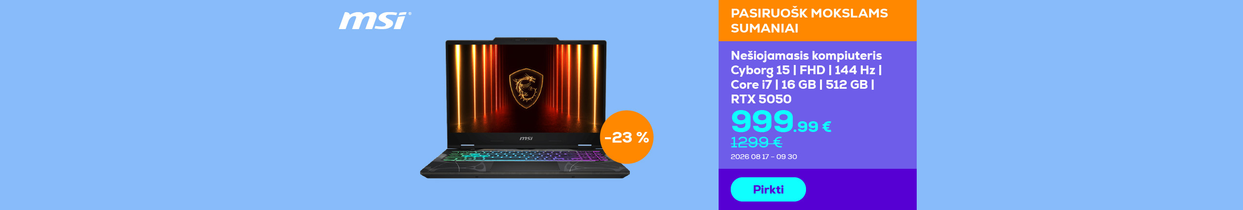 Nešiojamasis kompiuteris Cyborg 15 | FHD | 144 Hz | Core i7 | 16 GB | 512 GB | RTX 5050