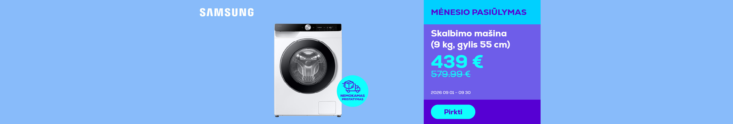 Washing machine (9 kg, depth 55 cm)
