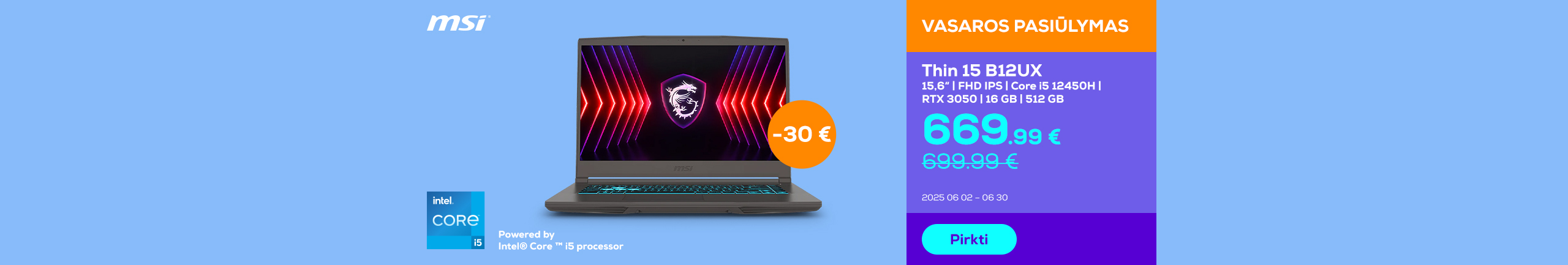 MSI Thin 15 15,6'' FHD,  i5, 16 GB, 512 GB, RTX 3050