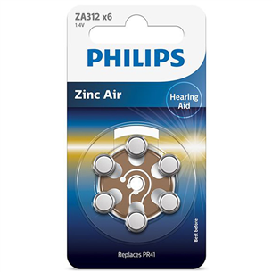 Philips Zinc Air, ZA312/PR41, 1.4 V, 6 pcs - Battery Item - ZA312B6A/00 ZA312B6A/00