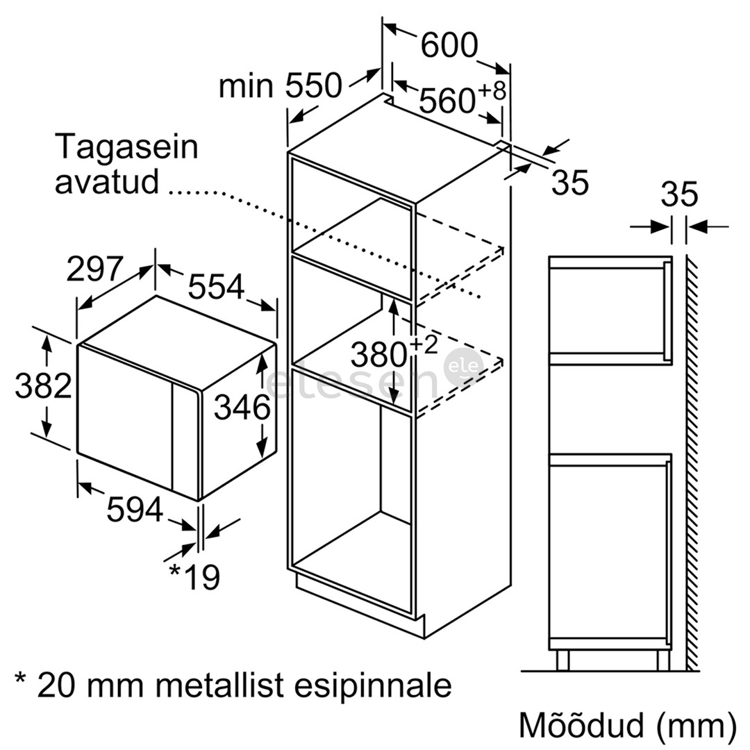 Bosch Serie 4, 20 л, 800 Вт, черный - Интегрируемая микроволновая печь