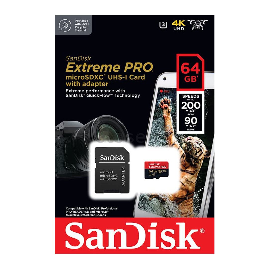 Atminties kortelė SanDisk Extreme Pro, UHS-I, microSD, 64 GB + adapteris
