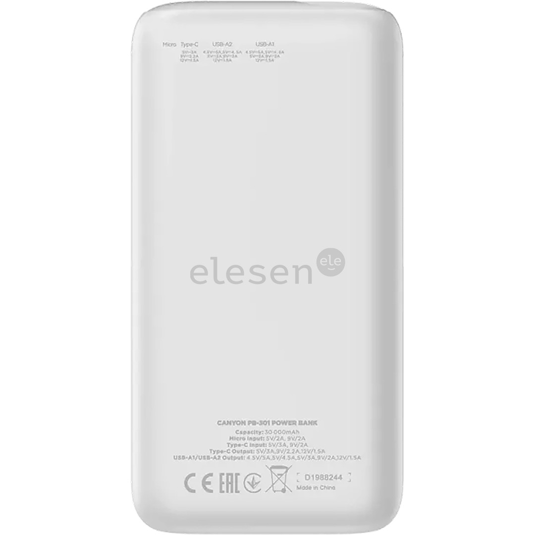Canyon PB-301, 30 000 mAh, USB-A, USB-C, white - Powerbank