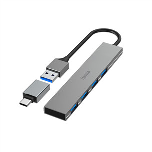 Šakotuvas Hama USB Hub, 4x USB 3.2 Gen 1, USB-C adapter, gray Prekė - 00200141