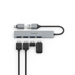 Šakotuvas Hama USB Hub, 4x USB 3.2 Gen 1, USB-C adapter, gray Prekė - 00200141