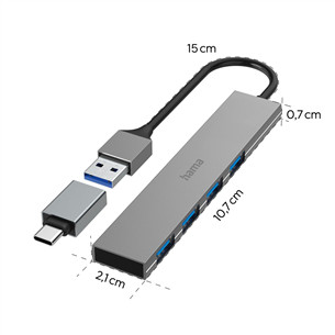 Hama USB Hub, 4x USB 3.2 Gen 1, USB-C adapter, gray - USB hub Item - 00200141