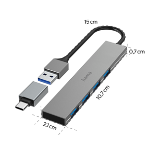 Šakotuvas Hama USB Hub, 4x USB 3.2 Gen 1, USB-C adapter, gray Prekė - 00200141