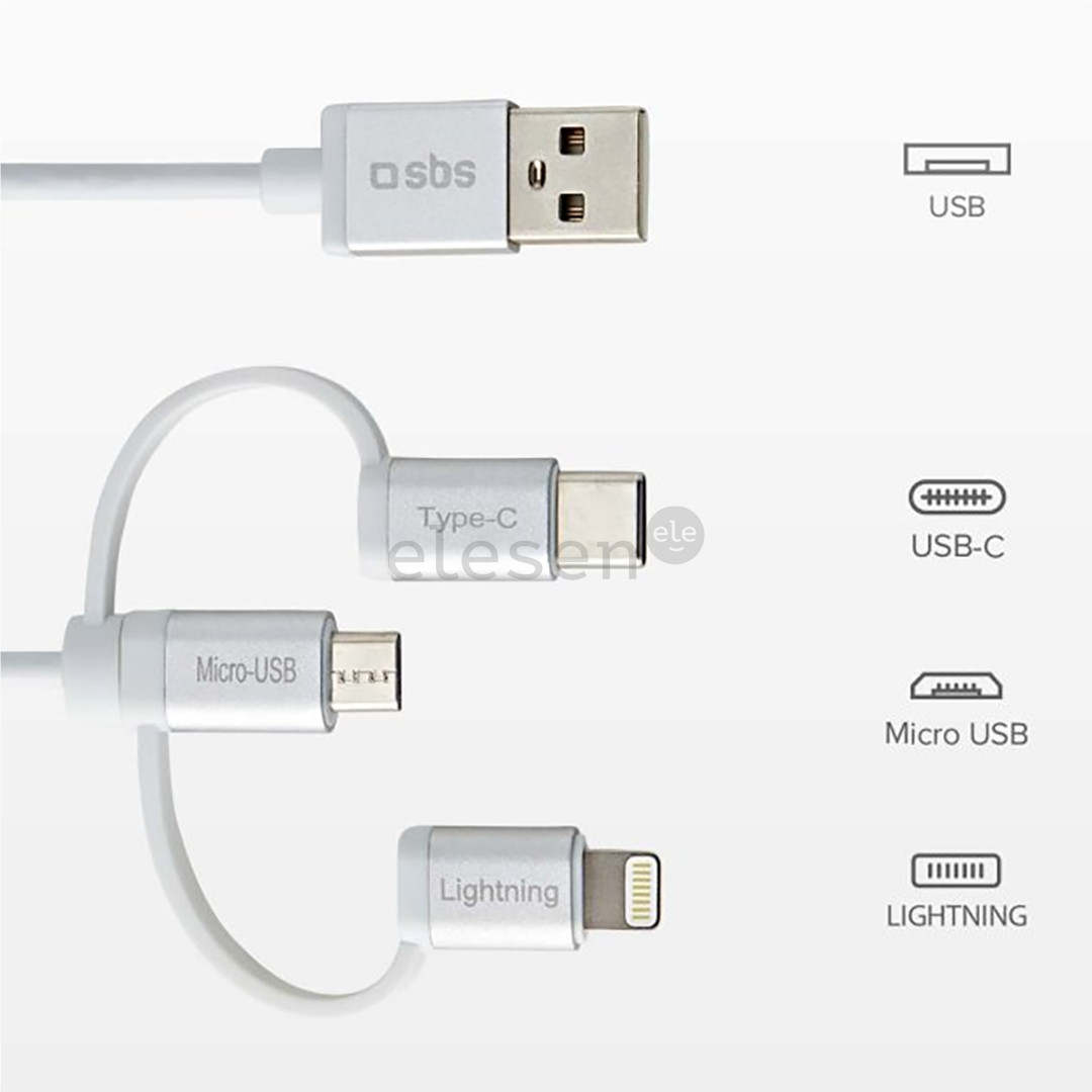 Laidas SBS, USB-A - USB-C, Micro USB, Lightning, 1.2 m Prekė - TECABLEUSBIP53189W