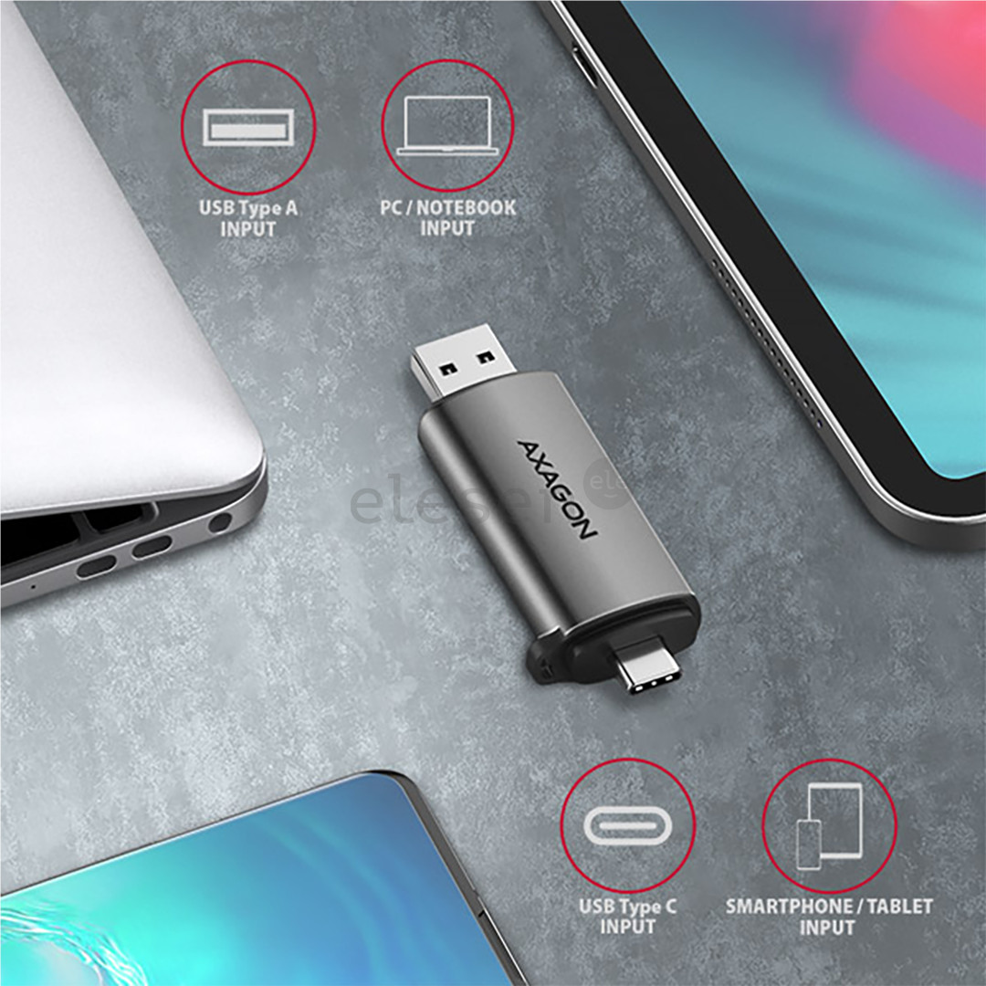 AXAGON Товар - CRE-SAC SuperSpeed USB-C / USB-A Card Reader, темно-серый - Считыватель карт памяти