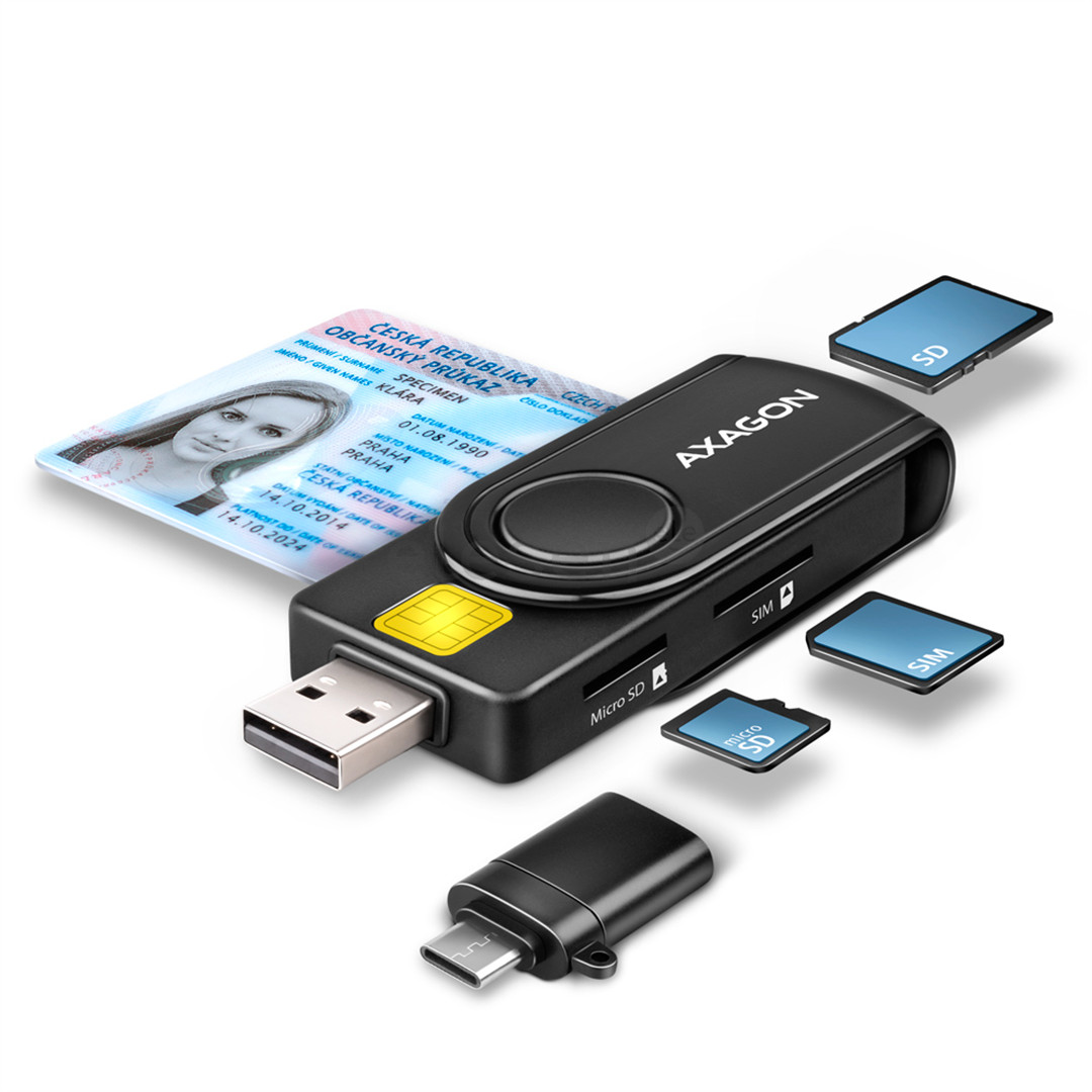 Atminties kortelių skaitytuvas AXAGON CRE-SMP2A, USB-A, USB-C, memory card reader, black
