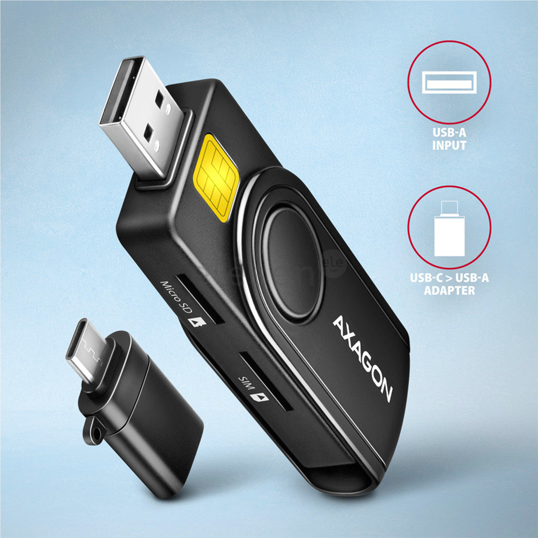 Atminties kortelių skaitytuvas AXAGON CRE-SMP2A, USB-A, USB-C, memory card reader, black