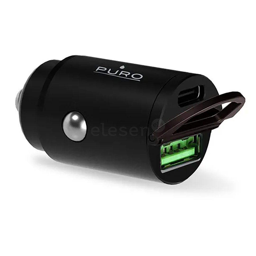 Automobilinis įkroviklis Puro Mini, USB-A, USB-C, 30 W, black