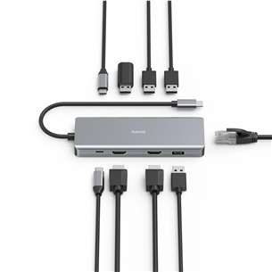 Šakotuvas Hama CONNECT2Media, USB-C Hub, 9 ports, 100 W, gray Prekė - 00200142
