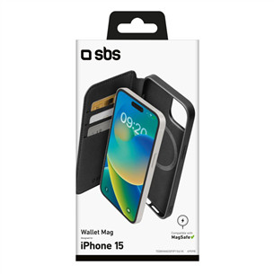 SBS Wallet Mag Case, iPhone 15, black - Wallet Cover Item - TEBKMAGSFIP1561K