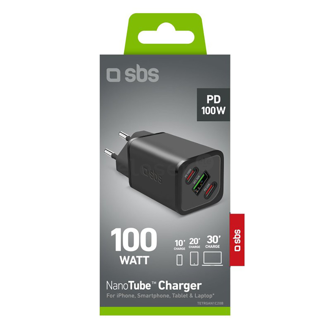 SBS GaN Charger with Power Delivery, 100 W, juodas - Maitinimo adapteris