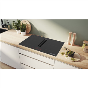 Bosch, Series 6, width 80 cm, frameless, black - Built-in induction hob with cooker hood