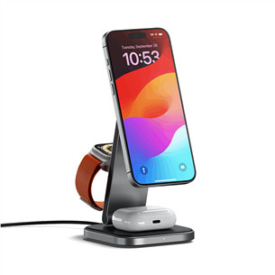 Satechi 3-in-1 Foldable Qi2 Wireless Charging Stand, pilka - Belaidžio įkrovimo stotelė