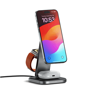Satechi 3-in-1 Foldable Qi2 Wireless Charging Stand, pilka - Belaidžio įkrovimo stotelė Prekė - ST-Q31FM-EA