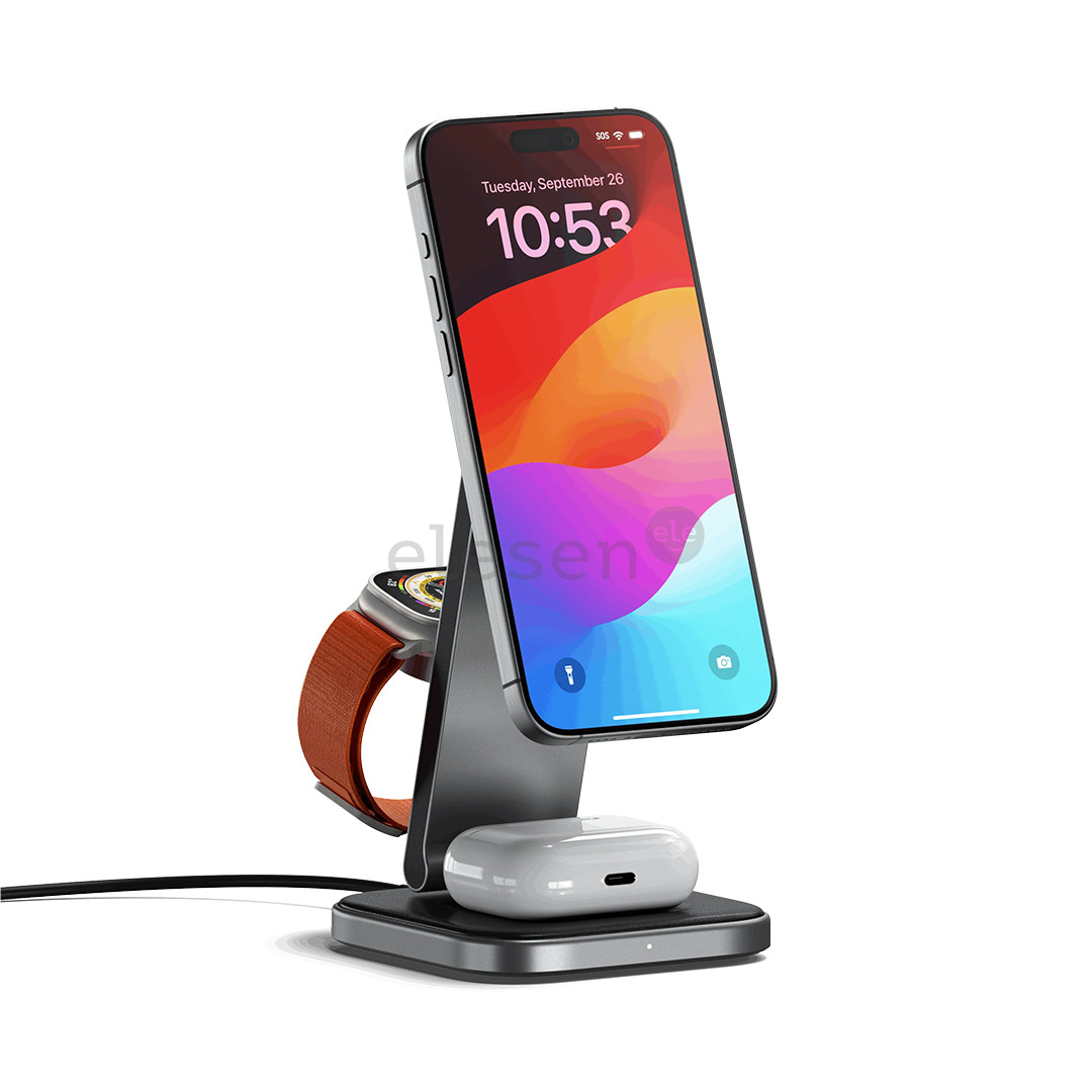 Satechi 3-in-1 Foldable Qi2 Wireless Charging Stand, pilka - Belaidžio įkrovimo stotelė