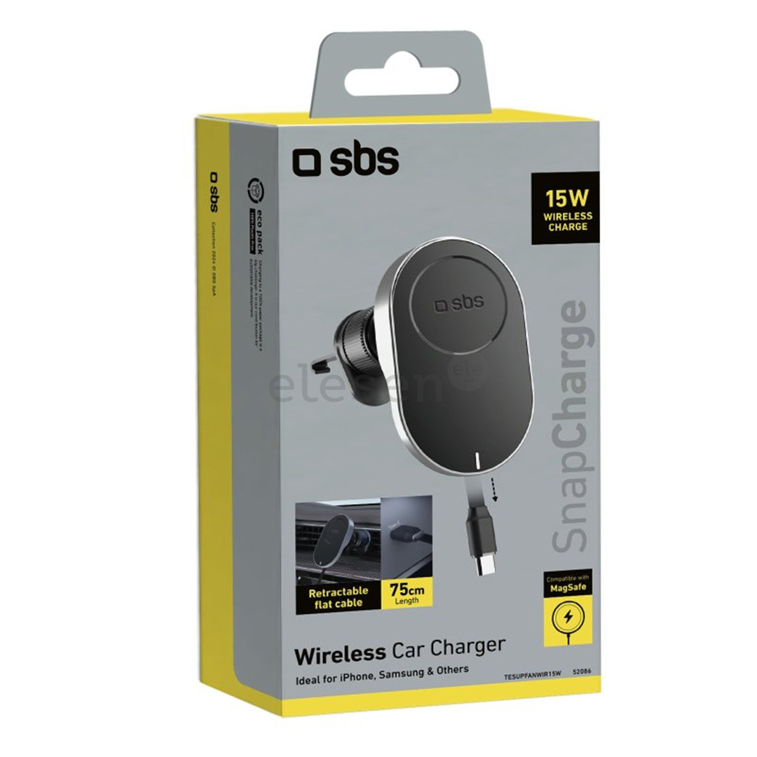 SBS 15W Car Holder, Magsafe, ištraukiamas laidas, juodas - Belaidis automobilinis įkroviklis