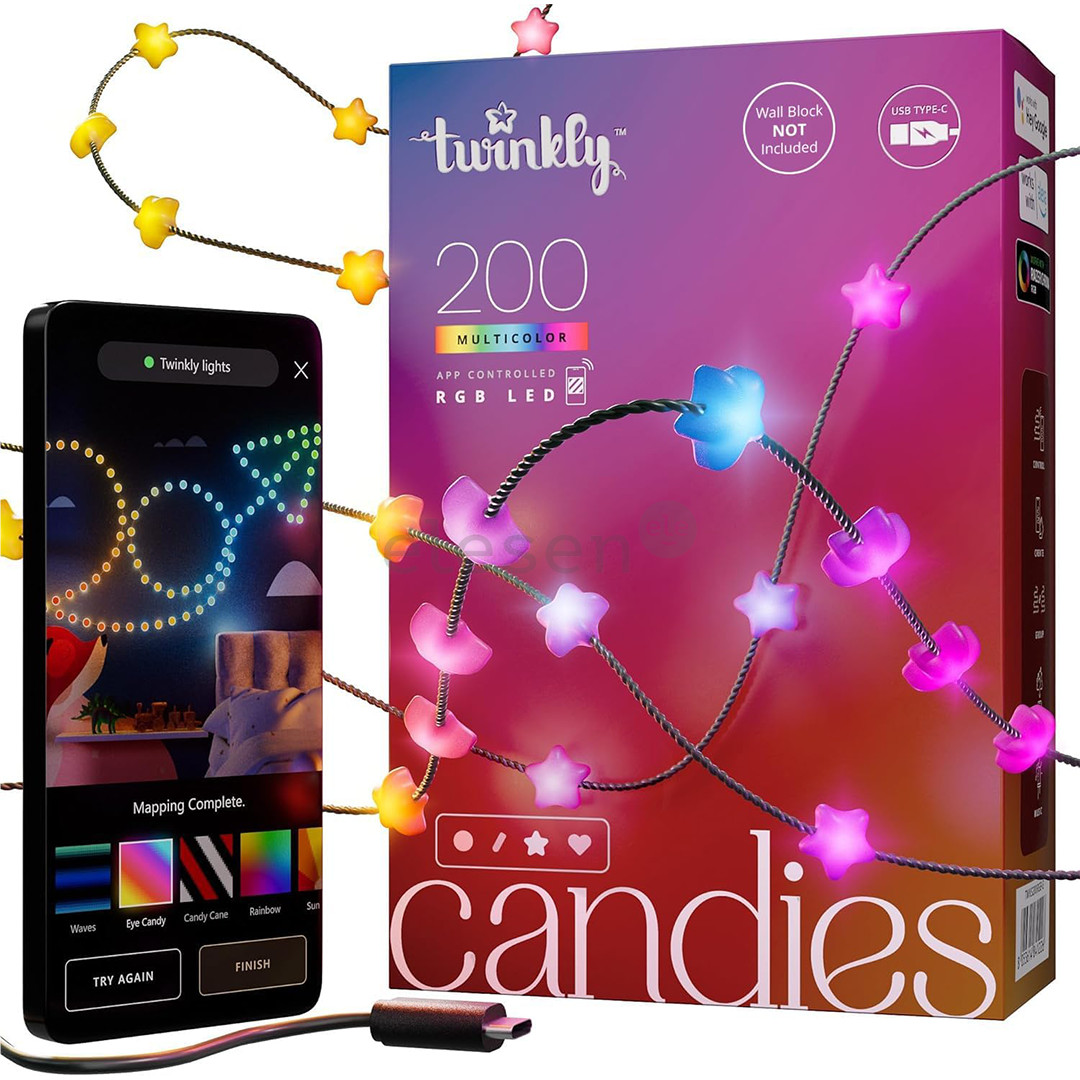 Twinkly Candies Stars, RGB, 200 LED, USB-C, 12 m, žalias laidas - Išmanioji girlianda