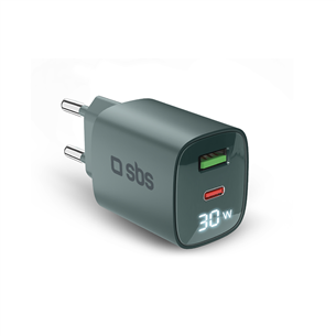 SBS LCD Wall Charger, USB-A, USB-C, LCD, 30 W, šviesiai mėlynas - Adapteris TETRGANLCD1USB1C30A