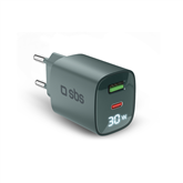 SBS LCD Wall Charger, USB-A, USB-C, LCD, 30 W, light blue - Wall charger