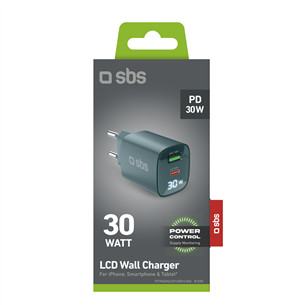 SBS LCD Wall Charger, USB-A, USB-C, LCD, 30 W, šviesiai mėlynas - Maitinimo adapteris
