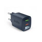 SBS LCD Wall Charger, USB-A, USB-C, LCD, 30 W, blue - Wall charger
