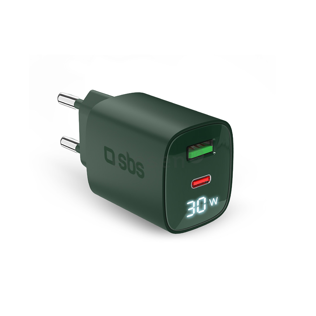 SBS LCD Wall Charger, USB-A, USB-C, LCD, 30 Вт, зеленый - Зарядное устройство