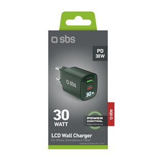 SBS LCD Wall Charger, USB-A, USB-C, LCD, 30 W, žalias - Adapteris