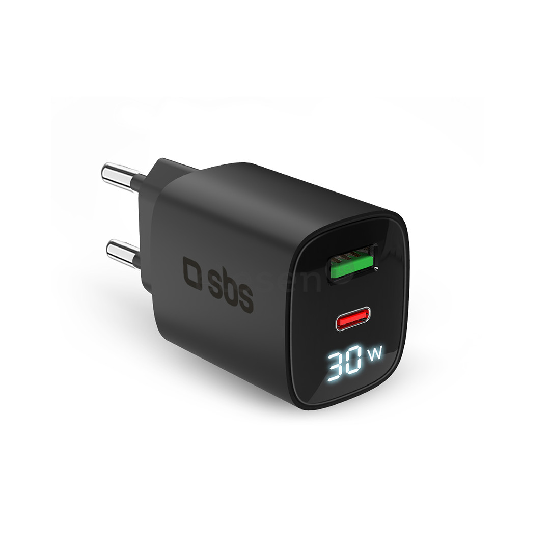 SBS LCD Wall Charger, USB-A, USB-C, LCD, 30 Вт, черный - Зарядное устройство
