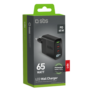 SBS LCD Wall Charger, USB-A, 2x USB-C, LCD, 65 W, juodas - Adapteris