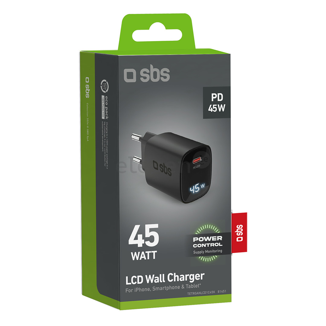 SBS LCD Wall Charger, USB-C, LCD, 45 Вт, черный - Зарядное устройство