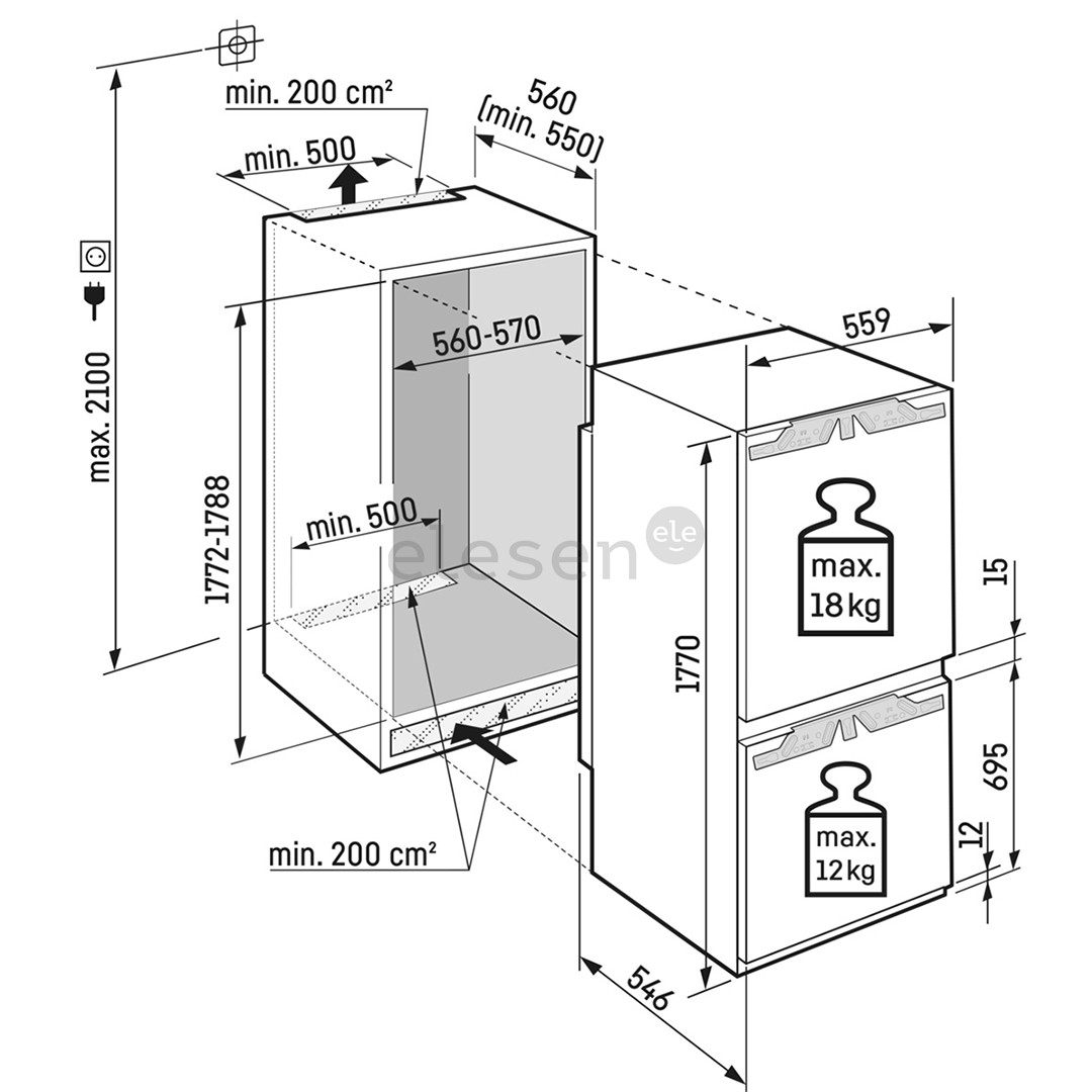 Liebherr, NoFrost, 253 л, высота 177 см - Интегрируемый холодильник