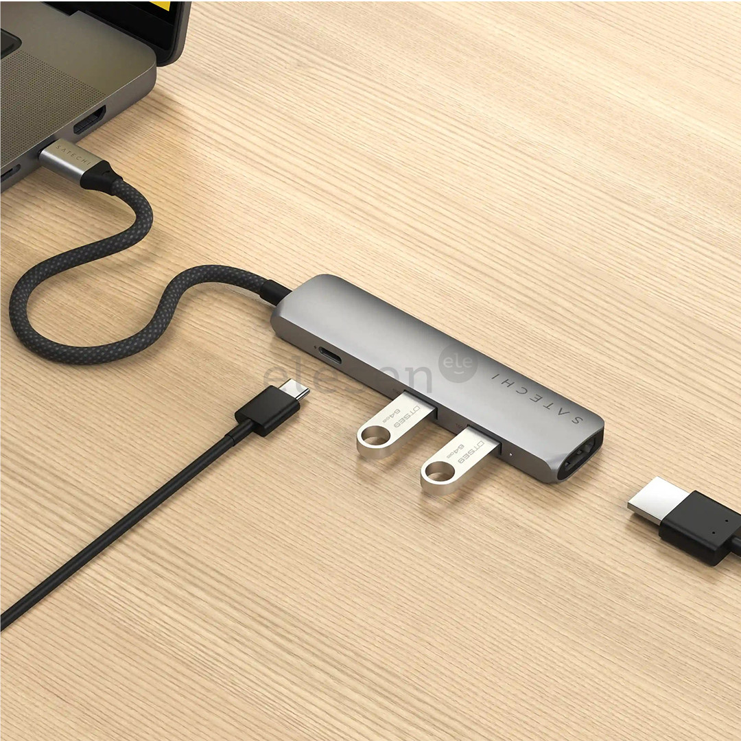 Satechi 4-in-1 USB-C Slim Multiport Adapter 4K, pilkas - USB šakotuvas