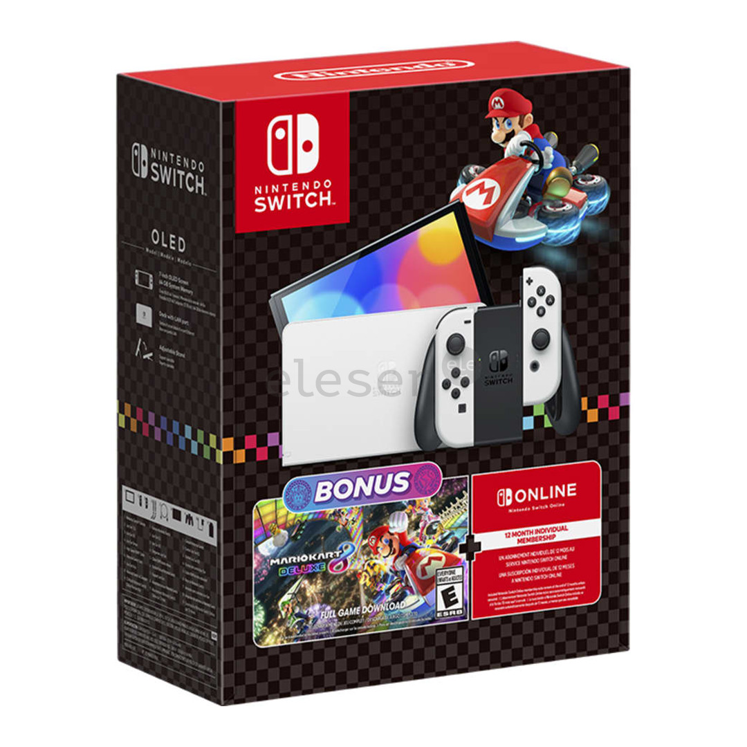 Nintendo Switch OLED + Mario Kart 8 Deluxe + NSO 12M, balta - Žaidimų konsolės komplektas Prekė - 045496454036