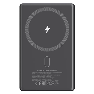 Canyon OnCharge 505 Slim Magsafe, 5000 mAh, belaidis įkrovimas, USB-C, tamsiai pilka - Išorinė baterija