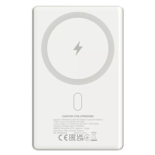 Canyon OnCharge 505 Slim Magsafe, 5000 mAh, belaidis įkrovimas, USB-C, smėlio spalvos - Išorinė baterija