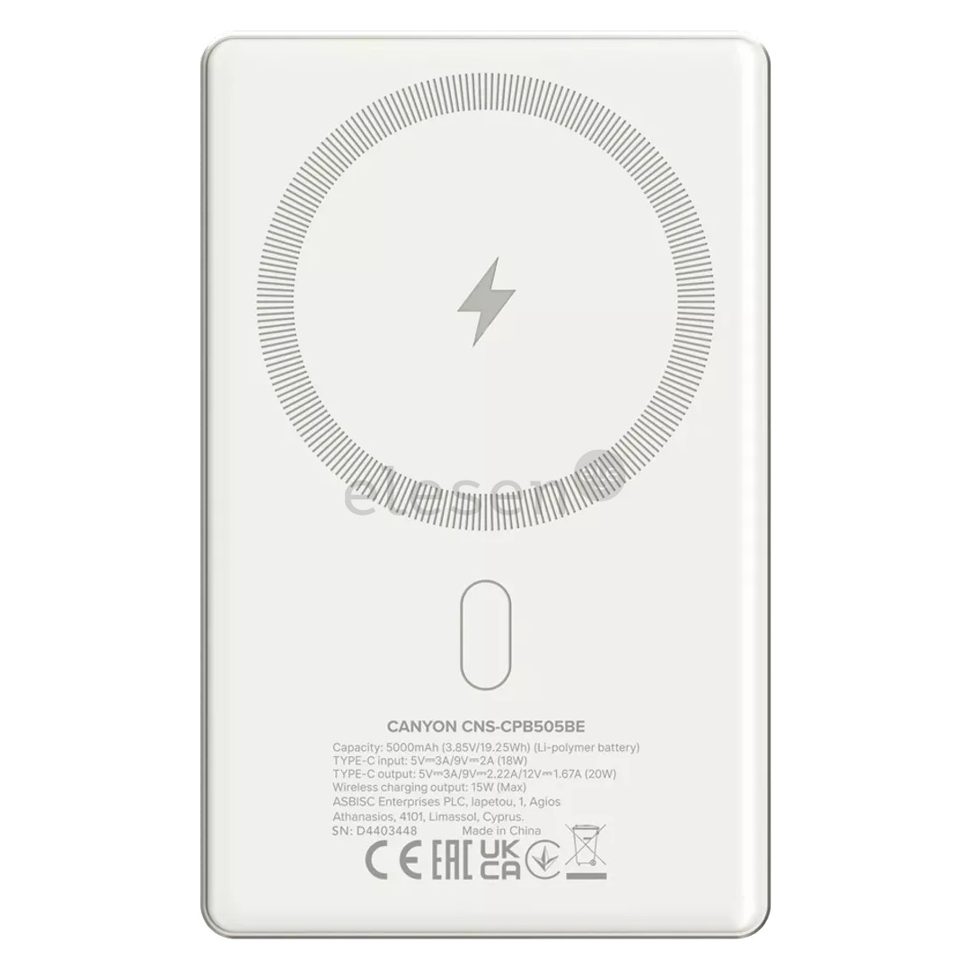 Canyon OnCharge 505 Slim Magsafe, 5000 mAh, belaidis įkrovimas, USB-C, smėlio spalvos - Išorinė baterija