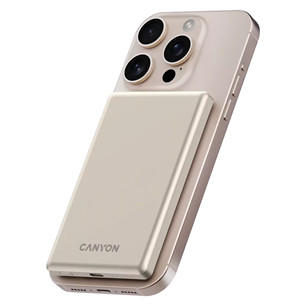 Canyon OnCharge 505 Slim Magsafe, 5000 mAh, belaidis įkrovimas, USB-C, smėlio spalvos - Išorinė baterija