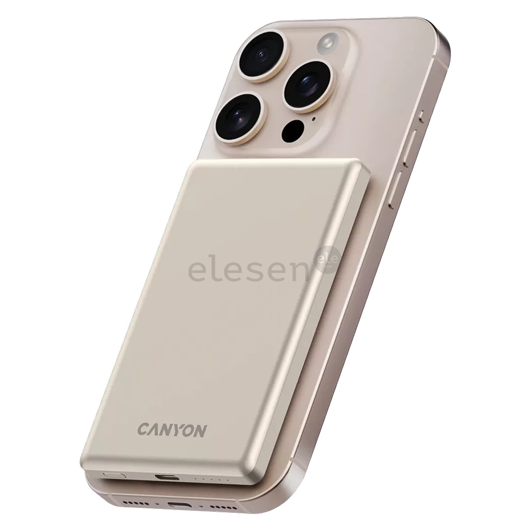 Canyon OnCharge 505 Slim Magsafe, 5000 mAh, belaidis įkrovimas, USB-C, smėlio spalvos - Išorinė baterija