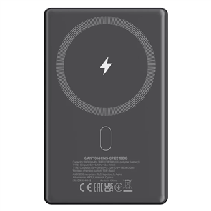 Canyon OnCharge 510 Slim Magsafe, 10000 mAh, belaidis įkrovimas, USB-C, tamsiai pilka - Išorinė baterija