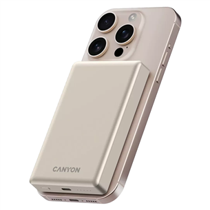 Canyon OnCharge 510 Slim Magsafe, 10000 mAh, belaidis įkrovimas, USB-C, smėlio spalvos - Išorinė baterija