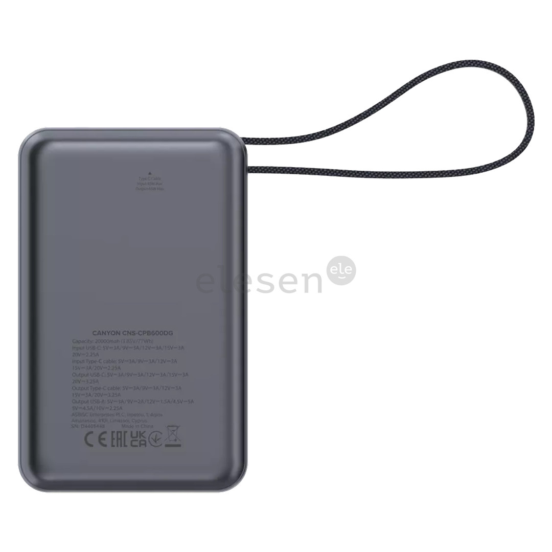 Canyon OnPower PB-600, 20000 mAh, USB-A, USB-C, juoda/sidabro spalvos - Išorinė baterija